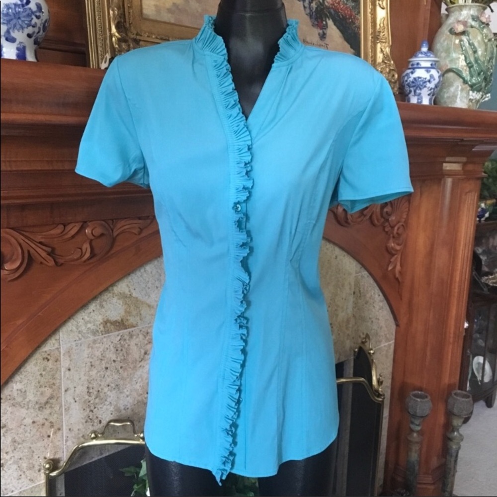 Ruffled button down Aqua short sleeve top